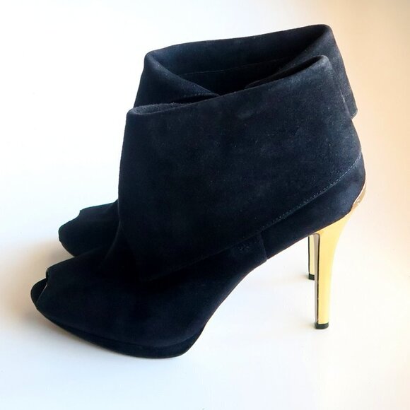 Michael Kors Black Suede Leather Peep Toe Gold Heel Ankle Boots / Booties Sz. 10 - Picture 10 of 16